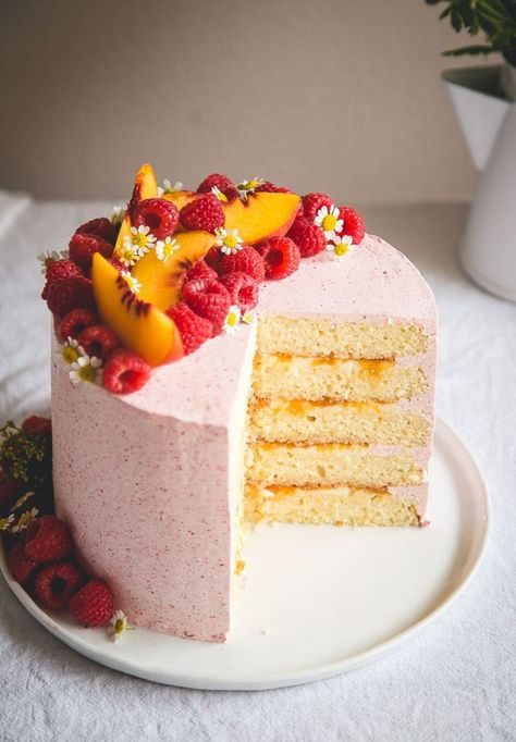 Almond Cake with Peach + Mascarpone Filling & Raspberry Buttercream Peach Mascarpone, Almond Layer Cake, Cake With Fruit, Mascarpone Filling, Raspberry Buttercream, Peach Cake, Slow Cooker Desserts, Almond Cake, A Piece Of Cake