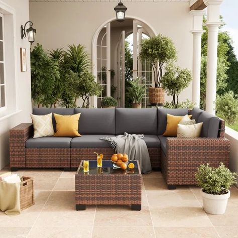 Patio Conversation Sets On Sale | Wayfair Patio Furniture Decor, Patio Conversation Sets, Tempered Glass Table Top, Patio Sofa, Conversation Set Patio, Wicker Furniture, Patio Furniture Sets, Modular Design, Furniture Covers