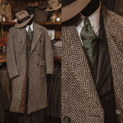 Great Shopping Herringbone Wool Blend Coat Men Long Overcoat Double Breasted Winter Business, Mens Clothing Wool Suits Men, Mens Blazer Outfit Formal, English Gentleman Style Vintage, Mens Suit Style, Tweed Men, Gentleman Outfit, Overcoat Men, Long Overcoat, Outfits Hombre