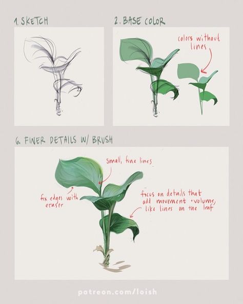 Gouache Tutorial, Plant Study, Landscape Painting Tutorial, Concept Art Tutorial, Digital Painting Techniques, Fantasy Background, Digital Art Beginner, Plant Drawing, Digital Painting Tutorials