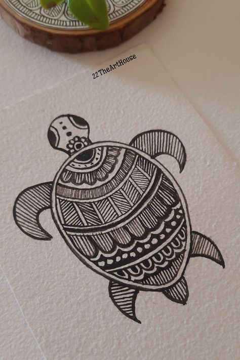 Easy madhubani Turtle painting Tortoise Madhubani Painting, Small Madhubani Art, Easy Mithila Painting, Indian Folk Art Easy, Madhubani Art Simple, Madhubani Art Design Easy, Madhubani Paintings Peacock Easy, Madhubani Drawing Easy, Madhubani Motifs Design