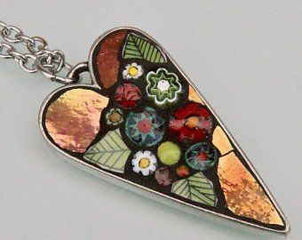 Micro Jewelry, Mosaic Pendants, Bird Mosaic, Resin Mosaic, Picture Pendant Necklace, Sculpted Jewelry, Mosaic Heart, Glass Background, Micro Mosaic Jewelry