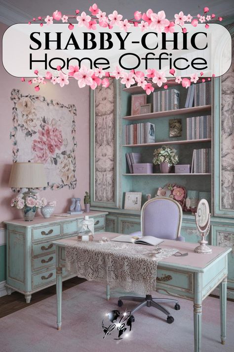 A shabby chic home office effortlessly blends style and functionality. Using a chic color palette, distressed muebles shabby chic, and romantic pink decor ideas, it creates a space perfect for working and relaxing. Soft, feminine home office decor and beautiful vintage touches make it a dream workspace for women loving comfort & elegance. #shabbychiccolors #vintagepinkoffice #chiccolorpalette #shabbychicdecor #womanatdeskaesthetic #feminineofficedecorideas #shabbychicdiyprojects #officeaesthetic Shabby Chic Art Studio, Womens Home Office Decor Ideas, Shabby Chic Sewing Room, Romantic Office Decor, Shabby Chic Home Office, Shabby Chic Office Ideas, Girly Room Decor Ideas, Girly Decorations, Girly Office Space