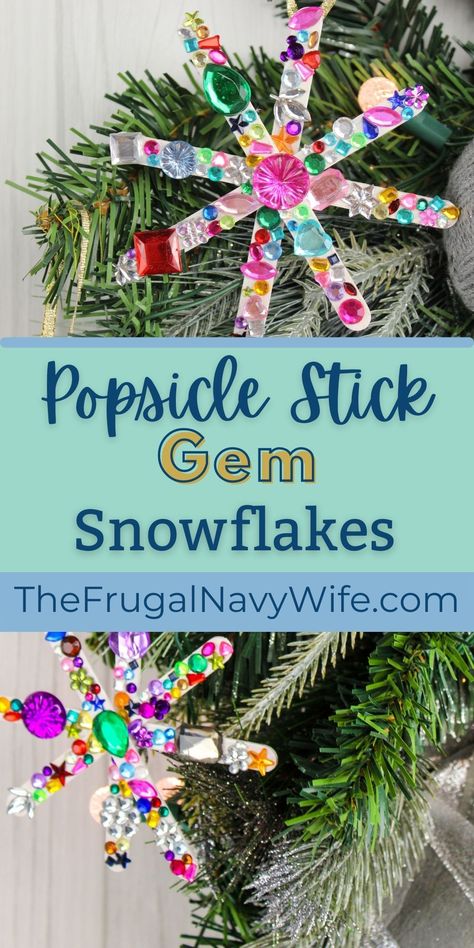 We have a super easy kid's craft here for you for this winter. These Popsicle Stick Gem Snowflakes are a favorite amongst my kids and they range from 8 to teen. #holidaycrafts #frugalnavywife #kids #popsiclesticks #snowflakes | Kids Activity | Holiday | Winter | Popsicle Stick Crafts | Christmas Crafts | Snowflake Crafts | Easy Kids DIY | Easy Craft for Kids Popsicle Stick Crafts Christmas, Snowflake Crafts, Easy Craft For Kids, Easy Winter Crafts, December Crafts, Snowflake Craft, Stick Crafts, Christmas Arts And Crafts, Holiday Crafts For Kids