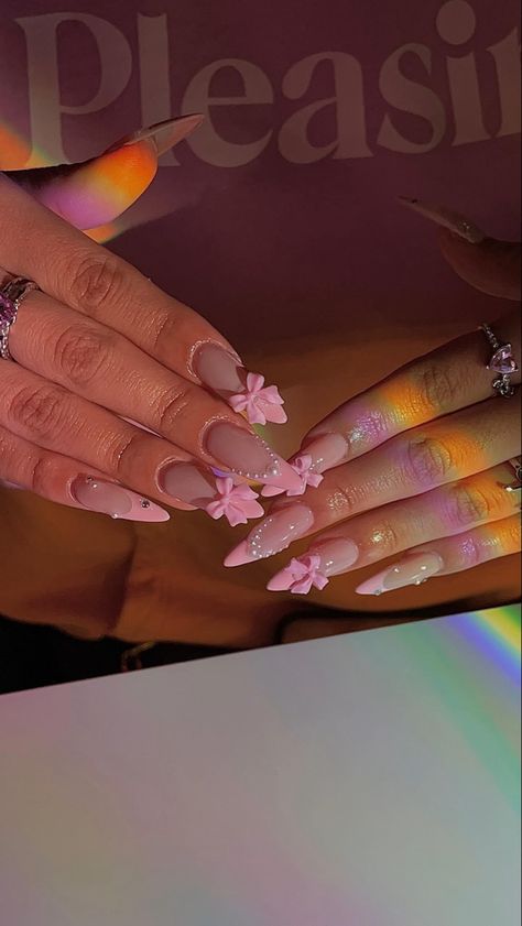 nails 
harry styles 
pleasing 
pink Sparkly Baby Pink Nails, Pink Stilletos, Nail Photoshoot, Pink Bow Nails, Bow Nails, Classy Acrylic, Cute Acrylic Nail Designs, Classy Acrylic Nails, Nail Styles