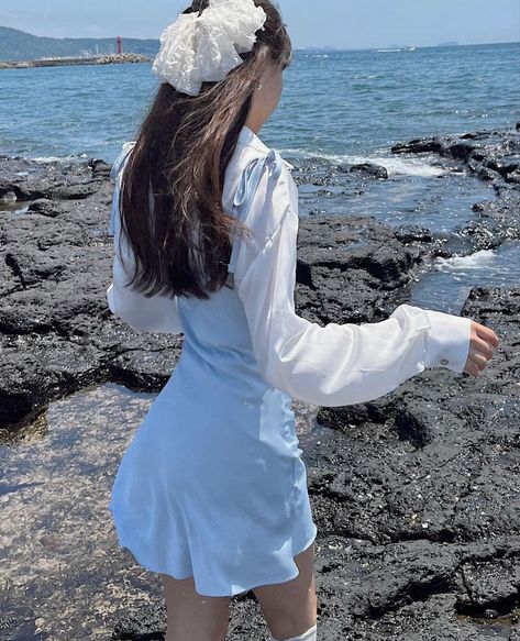 Outfit Ideas Soft, Korean Girl Aesthetic, Pastel Blue Dress, Cute Pastel, Aesthetic Beach, Pastel Blue, Blue Dress, Korean Girl, Outfit Ideas