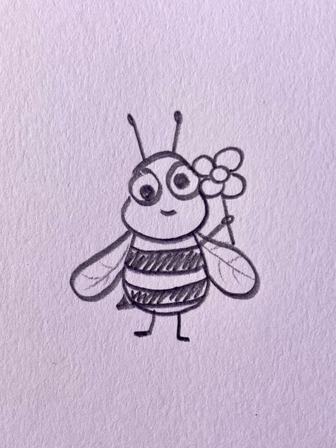 Simple Bee Sketch, Cute Bug Drawing Simple, Funny Bee Drawing, Flower With Bee Drawing, Bumble Bee Drawing Cute, Cute Bee Painting Simple, Bug Doodles To Draw, Spring Sketches Simple, Simple Drawing Of Flowers