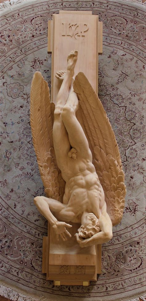 POSTER - Icarus, 2015, wooden sculpture (red willow) by the Ukrainian artist Bogdan Goloyad (born 1967). Height 162 cm, width 58 cm.  In Greek mythology, Icarus was the son of the master craftsman Daedalus, the creator of the Labyrinth. They attempted to escape from Crete by means of wings that Daedalus constructed from feathers and wax. Icarus ignored his father's instruction not to fly too close to the sun. When the wax in his wings melted, he tumbled out of the sky and drowned in the sea. Biblical Sculptures, Icarus Statue, Icarus Sculpture, Ares Statue, Greek Mythology Icarus, Icarus Painting, Icarus Aesthetic, Icarus Art, Wing Reference