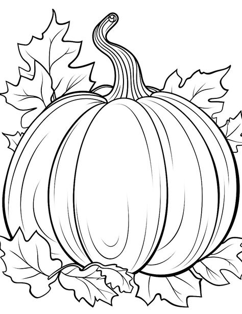 Pumpkin and Fall Leaves: A pumpkin surrounded by colorful fall leaves, showcasing the beauty of the season. (Free Printable Coloring Page for Kids) Fall Pictures To Color For Adults, Zentangle Pumpkins How To Draw, Pumpkin Pictures Printable, Watercolor Coloring Pages Free Printable, Free Autumn Coloring Pages, Pumpkin Images Free Printable, Free Printable Pumpkins, Pumpkin Printables Free Template, Pumpkin Shading