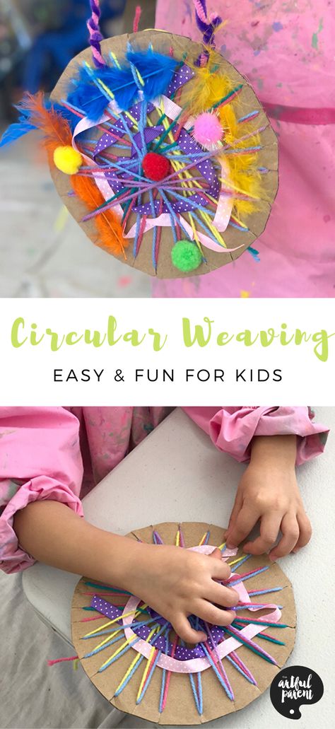 Create beautiful circular weavings with kids using cardboard & yarn for the loom. Weave in feathers, ribbons & pom poms for an easy textile art activity. via TheArtfulParent Kindergarten Yarn Art, Weaving Crafts For Preschoolers, Art With Pom Poms, Weaving For Kindergarten, Weaving Activities For Preschool, Preschool Weaving Activities, Weaving Activities For Kids, Ribbon Crafts For Kids, Kindergarten Weaving