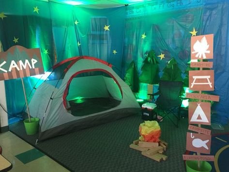 Camping Theme Parade Float, Camping Theme Photo Backdrop, Tent In Classroom, Reggio Camping Theme, Camp Theme Decor, Summer Camp Classroom Setup, Camping Room Transformation, Camping Book Fair Theme, Camp Vbs Decorations