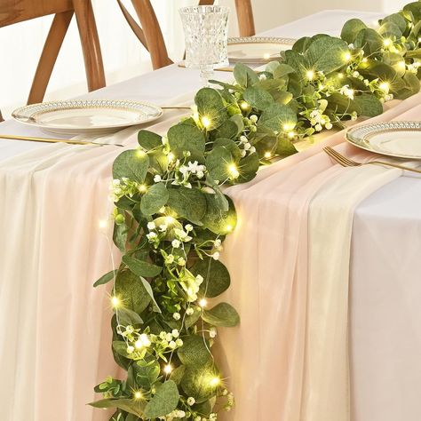 Buy Waipfaru 8Pack Eucalyptus Garland with Flowers& Lights,5.9FT Greenery Garland Decor,Artificial Eucalyptus Leaves Vines for Table Home Wedding Mantle Party Decoration at Walmart.com Twinkle Lights Table Runner, Vine Table Runner, Wild Flower Garland, Wedding Railing Decorations, Dark Green Table Decor, Olive Green Table Decor, Ivy Centerpiece Wedding, Green And White Table Decor Wedding, Spring Boho Wedding Decor