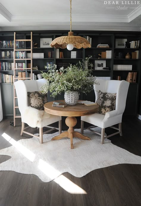 Bookshelf Dining Table, Dining Table In Library, Billy Bookcase Reading Nook, Home Library Dining Room, How To Style A Library, Book Shelves In Dining Room, Couch Between Bookcases, Bookcase Alternatives, Bookcases In Dining Room