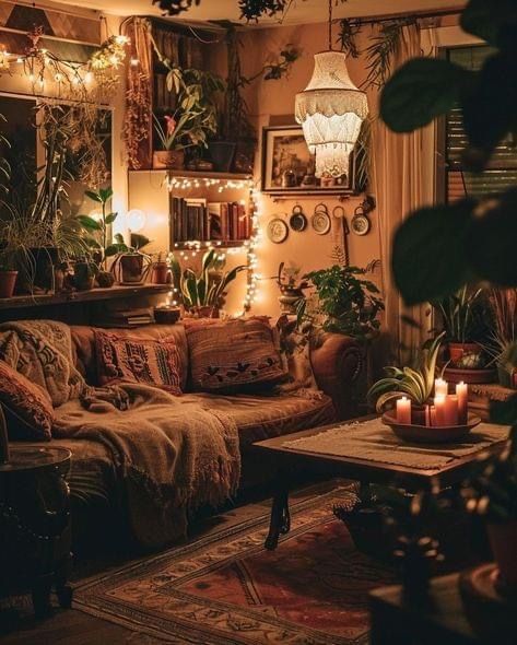 Cosy Witchy Living Room, Witchy Boho Living Room, Witch Apartment Aesthetic, Witch Core Room, Witch Aesthetic Living Room, Nesting Aesthetic, Alt Living Room, Fairycore Living Room, Earthy Living Rooms