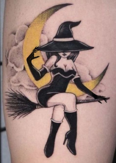 Tattoo witch on a broomstick Witch On Broomstick Tattoo, Witch Head Tattoo, Witch On Broom Tattoo, Pinup Witch Tattoo, Witch Pinup Tattoo, Creepy Tattoos For Women, Witch Pin Up Tattoo, Witch Craft Tattoo, Pinup Witch