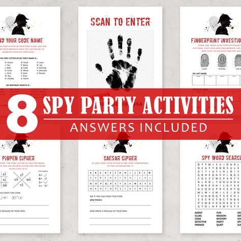 Printable Spy Party Activities, Secret Agent Birthday Games, Detective Party Printables for kids, Popular Game Set, Instant Download, #H039 Spy Party Ideas, Spy Activities For Kids, Secret Agent Games, Spy Kids Party, Secret Agent Birthday, Geheimagenten Party, Spy Birthday Party, Spy Activities, Caesar Cipher