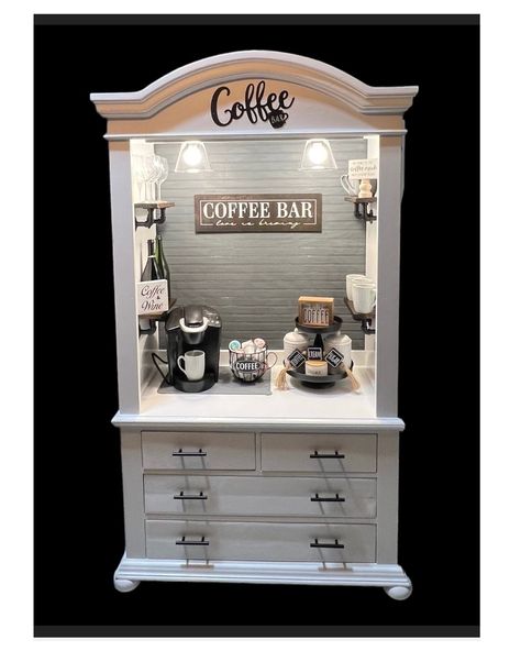 Coffee Hutch Ideas, Coffee Bar Armoire, Coffee Hutch, Small Living Dining, Buffet Bar, Diy Coffee Station, Painting Old Furniture, Coffee Bar Station, Diy Coffee Bar