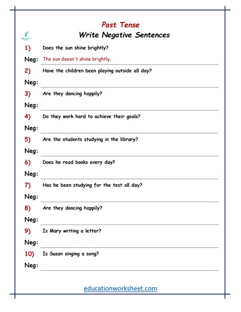 Learn the essential steps to transform negative past tense sentences into positive statements. This guide provides simple rules and examples to help you easily change sentences like 'She didn't go' to 'She went,' enhancing your English grammar skills and boosting your writing confidence.https://educationworksheet.com/worksheets/how-to-converting-past-tense-negative-sentences-to-positive-form/ Negative Sentences Worksheets, Past Tense Sentences, Negative Sentences, Simple Present Tense Worksheets, Past Tense Worksheet, Positive Language, Education Worksheets, Simple Present Tense, Simple Past Tense