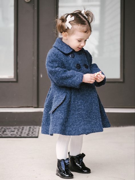 Toddler, classic navy coat and blue booties Navy Trench Coat Outfit, British Aesthetic, Navy Trench Coat, Navy Girl, Winter Baby Clothes, Trench Coat Outfit, Navy Girls, Navy Coat, Toddler Girl Outfit