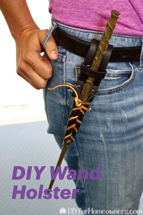 From upcycle leather and a few tools, you can create this wand holder. It hangs from your belt so your wand is always at the ready! Leather Wand Holder, Wand Holder Belt Diy, Wand Holder Belt, Diy Wand Holster, Wand Holder Diy, Steampunk Parasol, Puffs Play, Wand Holster, Thrift Store Upcycle Clothes