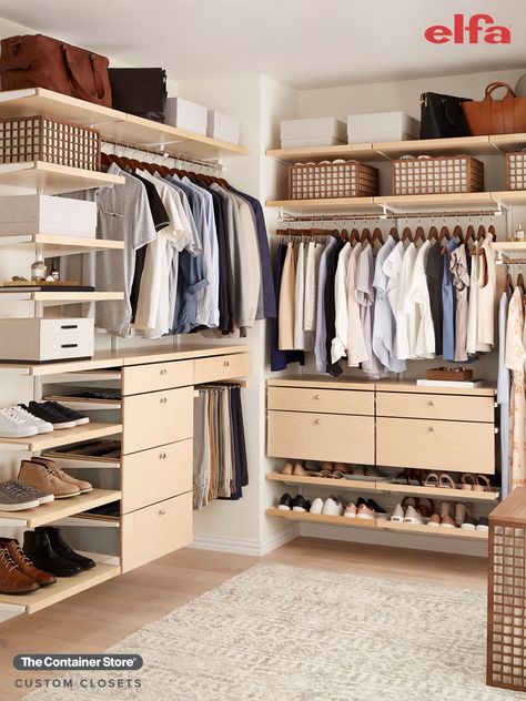 Elfa Closet Organization, Elfa Closet Walk In, Elfa Closet Ideas Walk In, Elfa Shelving Closet, Elfa Decor Closet Walk In, Elfa Small Closet Ideas, Long Narrow Walk In Closet, Elfa Master Closet, Container Store Closet System