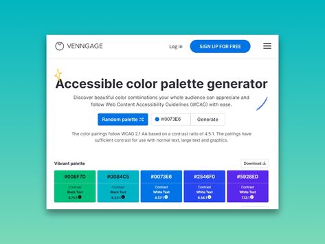 Venngage is an inclusive and accessible color palette generator. The colour pairings follow WCAG and have enough contrast to use with normal... Accessible Color Palette, Accessibility Design, Finance Website, Web Design Color, Ui Color, Website Color Palette, Web Colors, Ux Design Inspiration, Inclusive Design