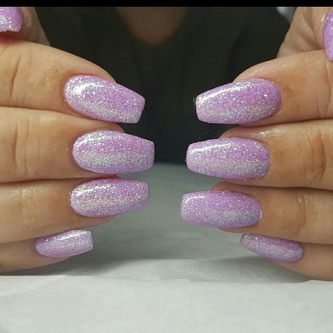 Pastel purple glitter acrylic nails Light Purple Sparkly Acrylic Nails, Purple Nails Acrylic Sparkle, Glitter Lavender Nails, Lavender Nails With Glitter Lilacs, Purple Sliver Nails, Light Purple Glittery Nails, Pastel Purple Glitter Nails, Sparkly Lilac Nails, Lilac Sparkle Nails