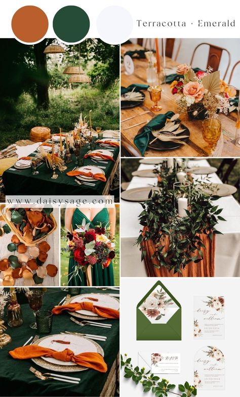 Terracotta and Emerald Green Wedding Color Palette Green Wedding Color Schemes, Terracotta Wedding Color, Wedding Color Theme Ideas, Green Fall Weddings, Emerald Wedding Colors, Amber Wedding, Green Vibe, Orange Wedding Themes, Wedding Feast