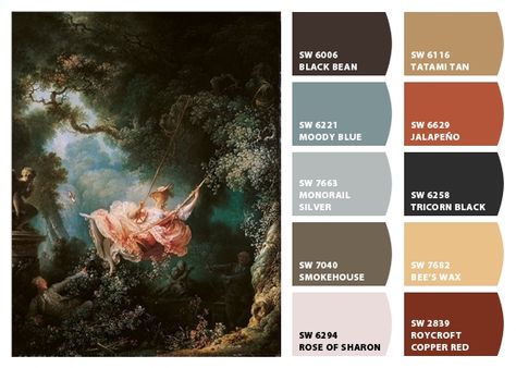 The Swing - Inspired Colors. Baroque Colour Palette, Baroque Color Scheme, Baroque Color Palette, Rococo Color Palette, Victorian Color Palette, Plascon Paint, Sherwin Williams Color Palette, Era Victoria, Victorian Colors