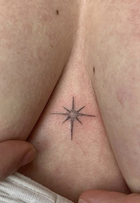 Star On Chest Tattoo, Suprasternal Notch Tattoo, Hip Tattoos Symmetrical, Moon Tattoo On Chest, Trophy Tattoo, 4 Point Star Tattoo, White Star Tattoo, Sternum Tattoo Big Bust, Russian Tattoos