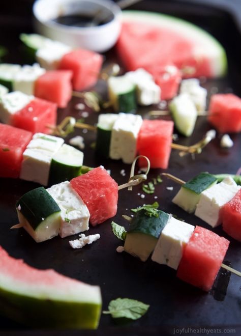 Watermelon Feta Bruschetta, the easiest appetizer recipe you'll ever make! Watermelon, Cucumber, and Feta Cheese all skewered together and topped with a sweet Balsamic Reduction that'll blow your mind. A must this summer! | joyfulhealthyeats.com #glutenfree Cucumber Skewers, Best Bruschetta Recipe, Dinner Ideas Easy Healthy, Feta Bruschetta, Quick Easy Dinner Ideas, Easy Bruschetta Recipe, Dinner Recipes Quick, Dinner Ideas Easy, Watermelon And Feta