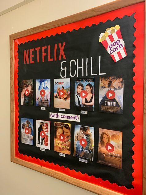 RA bulletin board on Consent- Netflix & Chill themed School Board Ideas Highschool, Netflix Classroom Theme, Cinema Bulletin Board, Netflix Theme Bulletin Board, Youtube Bulletin Board, Netflix Theme Party Decorations, Ra Movie Theme Bulletin Boards, Tik Tok Bulletin Board Ideas, Bulletin Board Theme Ideas