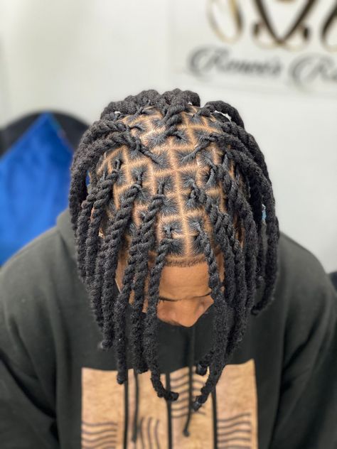 These are locs extensions in a two-strand twist still. The extensions are human hair Men Two Strand Twists Hairstyles Locs, Two Strand Twist Extensions Men, Dreadlock Extensions Men, Two Strand Dreads Locs Men, Two Strand Twist Men Locs, Dread Parting Pattern, Medium Locs Men, Two Strand Twist Men Dreads Styles, Middle Part Locs Men