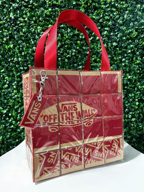 "This custom upcycled Vans Mini Tote Bag is made from shoe boxes covered in vinyl. Size: 8.75\" L x 8.75\" W x 4.25\" D -Upcycled shoe box -100% PVC -Seat belt quality handles  -Claw clip, key ring dangle" Custom Bags Ideas, Recycling Accessories, Diy Mini Bag, Upcycle Bag, Mini Totes, Upcycled Bags, Upcycled Handbag, Upcycled Purse, Upcycled Tote