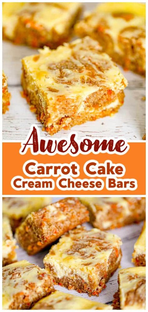 Our Carrot Cake Cream Cheese Bars are the perfect Easter dessert! Cream cheese and carrot cake go hand in hand! Cream Cheese Carrot Cake, Carrot Cake Cheesecake Bars, Carrot Cake Cream Cheese, Carrot Cake Dessert, Cream Cheese Swirl, Cake Bars Recipe, Cheese Bars, Carrot Cake Bars, Cream Cheese Bars