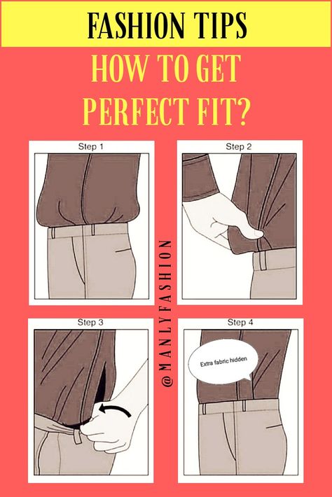 Step by step process of how to tuck in your shirt in a proper way and looks perfect in any outfit. Tuck In Shirt Outfit, Tuck In Shirt, Tucked In Shirt Outfit, Clothes Hacks, Diy Clothes Hacks, Shirt Outfit Men, Mens Tee Shirts, Extra Fabric, Clothing Hacks