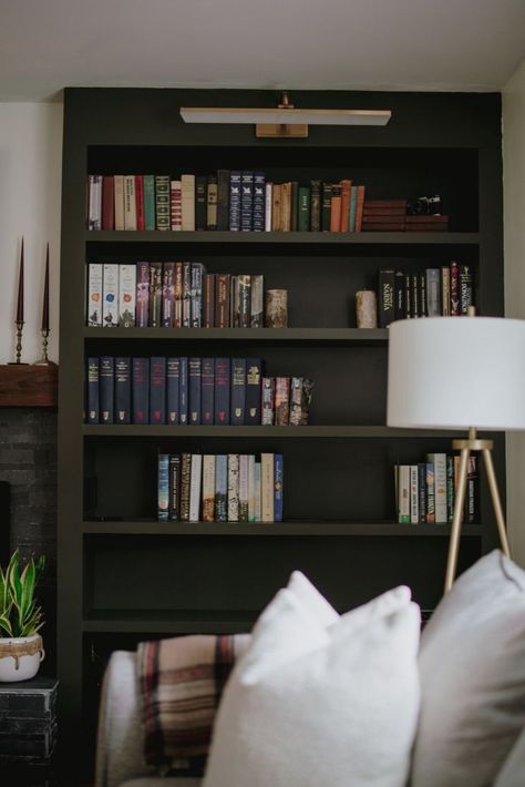 living room ideas Dark Green Shelves Living Room, Deep Green Built Ins, Olive Green Built In Bookshelves, Dark Green Built Ins Fireplace, Dark Shelves In Living Room, Dark Green Built In Bookcase, Olive Green Bookshelf, Dark Green Bookshelves, Dark Green Bookcase