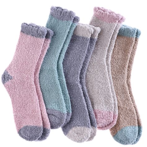 PRICES MAY VARY. 98% Polyester, 2% Spandex Synthetic lining WARM & SOFT MATERIAL - 98% Polyester, 2% Spandex, lightweight, cozy, warm, ultra-soft and thick plush. Breathable for all-day foot wear. BRIGHT COLOR - Sweet,fresh and cute colors,it's pure and snug so that we call it candy color or ice-cream color.Warm feet,warm hearts.Wish you have a good mood from sole everyday. VALUE PACK 5 PAIR - One pack includes 5 different style fuzzy socks.Very soft and plush slipper socks made of premium Micro Sleeping Socks, Fluffy Comforter, Fluffy Socks, Winter Slippers, Soft Sock, Fuzzy Slippers, Sock Animals, Fuzzy Socks, Warm Slippers