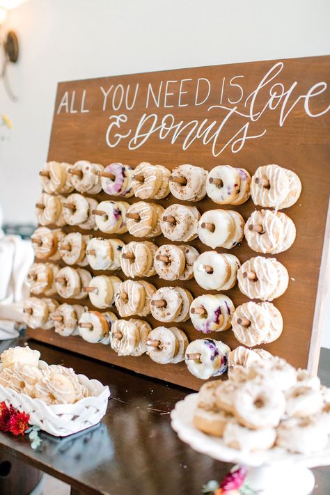 Fall Wedding Donut Bar, Wedding Donut Bar Dessert Tables, Donut Board Wedding Display, Donut Wall Wedding Dessert Tables, Donut Peg Board Wedding, Wedding Reception Donut Bar, Decorated Donuts Ideas Wedding, Donuts For Wedding Receptions, Wedding Dessert Station Ideas