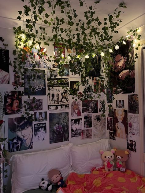 Bedroom Ideas Anime Theme, Dark Kawaii Room Aesthetic, Anime Themed House, Aesthetic Room Anime Decor, Dark Anime Room Ideas Bedrooms, Anime Photo Wall Collage Bedroom, Dorm Room Ideas Anime, Anime Print Wall Bedroom, Anime Decorated Room