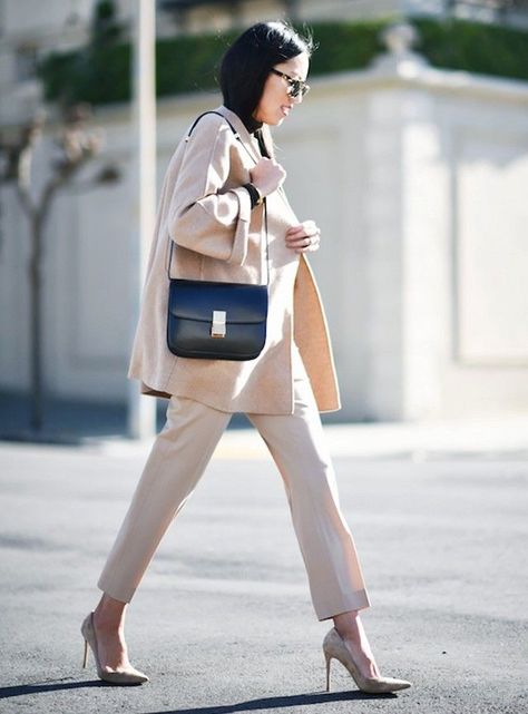 pale pink monochrome coat, trousers, and pumps. Celine Box Bag Outfit, Posh Woman, Celine Box Bag, Rose Outfit, Celine Box, Monochrome Style, Casual Attire For Women, Elegant Cocktail Dress, Monochromatic Outfit