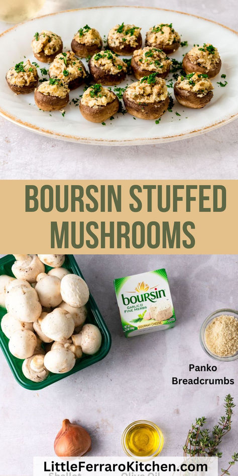 Your guests are going to go nuts over these Boursin stuffed mushrooms! Creamy herb and garlic cheese is mixed with sautéed shallots and stuffed inside button mushroom caps. After a quick bake, you won't be able to resist these easy savory and cheesy stuffed mushrooms! Boursin Cheese Appetizers, Boursin Stuffed Mushrooms, Cheesy Stuffed Mushrooms, Best Stuffed Mushrooms, Baked Stuffed Mushrooms, Easy Stuffed Mushroom Recipe, Stuffed Mushrooms Vegetarian, Boursin Cheese Recipes, Boursin Recipes