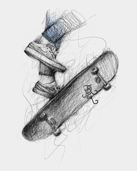 scribble art Skateboard Sketch Drawing, Skateboard Art Draw, Scribble Art Doodles, Skateboarder Illustration, Skateboarding Sketch, Skateboard Drawings, Scribbled Art, Skateboarding Drawing, Draw Your Day