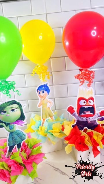 Inside Out 2 Centerpieces, Inside Out Decoration Ideas, Inside Out Party Ideas Decorations, Inside Out 2 Birthday Party, Inside Out Party Decorations, Inside Out Decorations, Character Centerpieces, Inside Out Birthday Party, Inside Out Party Ideas