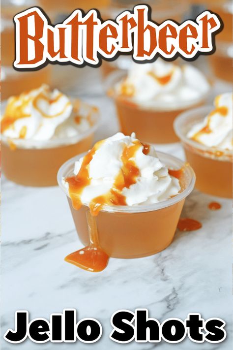 Boozy Butterbeer, Mini Cocktails, Jello Ideas, Pudding Shot Recipes, Harry Potter Snacks, Jello Pudding Shots, Harry Potter Parties Food, Butterbeer Recipe, Alcoholic Desserts