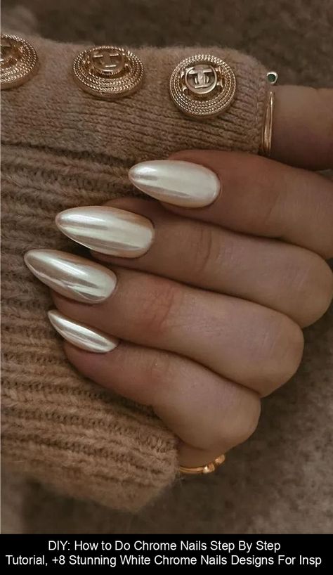 Looking to achieve the stunning look of white chrome nails all by yourself at home? Look no further! In this simple and natural-toned blog post, we will provide you with a step-by-step tutorial and inspiring ideas on how to achieve the perfect white chrome nails.By incorporating chrome powder into your gel manicure and sealing it...Read the Post #chromenails Shiny White Gel Nails, Vanilla Pearl Nails, White Gold Nails Short, Pearly Chrome Nails, Gold Accented Nails, Ivory Chrome Nails, Vanilla Chrome Nails French Tip, Chrome Coffin Nail Ideas, Crome Nails Almond Short