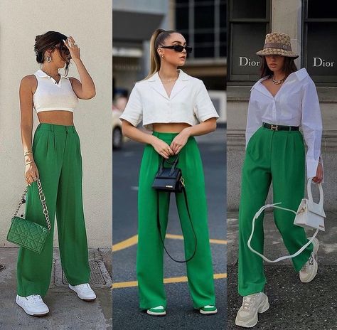 Upgrade Style Fashion Outfit, Green Wide Leg Pants Outfit Casual, Colourful Wide Leg Pants Outfit, How To Style Green Wide Leg Pants, Green Pantalon Outfit, How To Style Pants, Palazzo Verde Outfit, Green Pants Outfit Casual, Wide Pants Outfit Casual