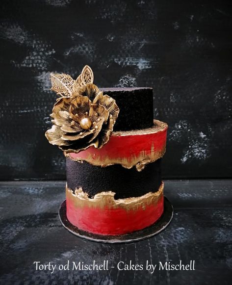 Black - red - gold cake by Mischell Red Black And Gold Birthday Cake, Red Black And Gold Cake Birthday For Men, Red Cakes For Men, Black Red Gold Cake, Red And Black Cake For Men, Red Black And Gold Cake, Red And Black Cake Ideas Birthdays, Black And Gold Cake Ideas, Red Gold Cake