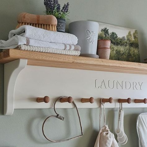 Peg rail with oak pegs and personalised Kitchen Shelf Decor Ideas, Kitchen And Utility, Shaker Peg Rail, Utility Room Designs, Hallway Shelf, Oak Shelf, Peg Rail, Shaker Pegs, Kitchen Shelf Decor