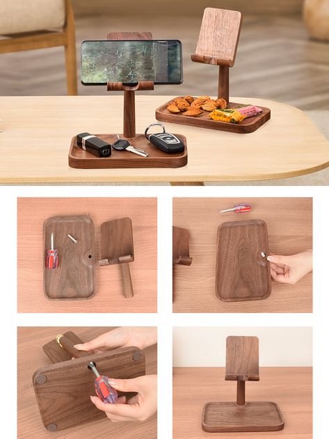 Keep your phone and iPad conveniently in view with our Solid Wood Adjustable Angle Mobile Phone Holder. With its adjustable angle feature, you can find the perfect viewing angle for optimal comfort. The storage tray also provides a convenient place to store small items. Material:Black Wanlut,Beech WoodSize:19cm(L)*12cm(W)*19cm(H) (1 inch=2.54cm) Wood Phone Holder, Diy Nature, Woodwork Diy, Wood Store, Phone Stands, Ipad Stand, Store Ideas, Storage Tray, Kitchen Furniture Design